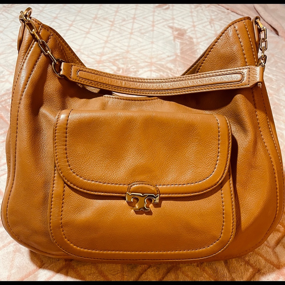 Tory Burch Caramel Brown Leather Hobo with Gold Hardware